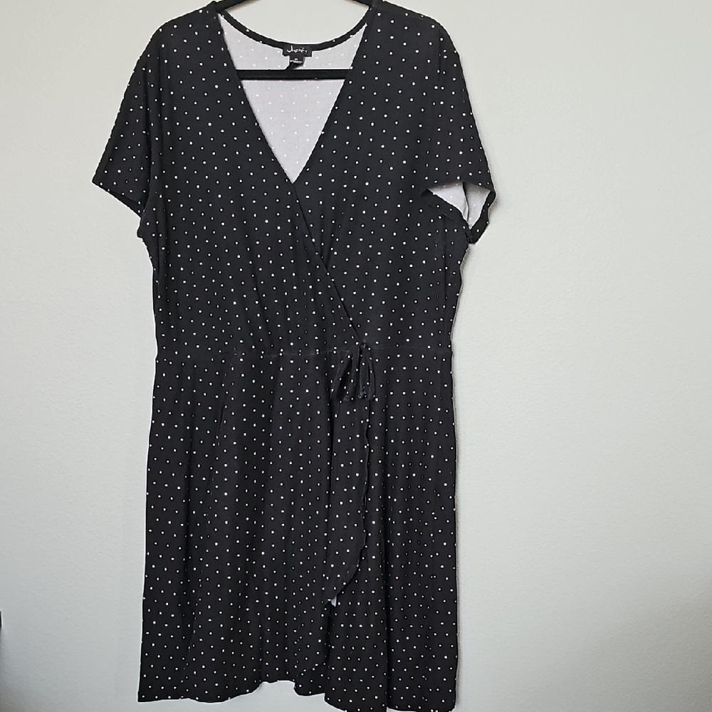 Justify Girly Casual Black and White Polka Dot Faux Wrap Short Sleeve Dress 2X